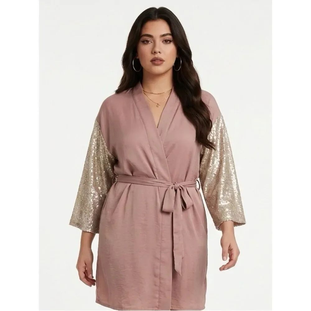 CHARMING CHARLIE | Mauve Sequin Sleeve Belted Kimono Jacket Women’s Size Medium